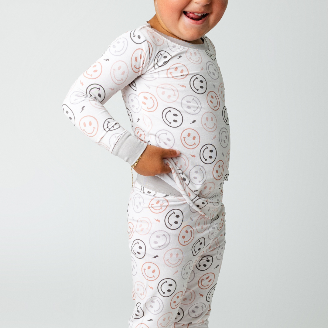 smiley face bamboo toddler pajamas-close up