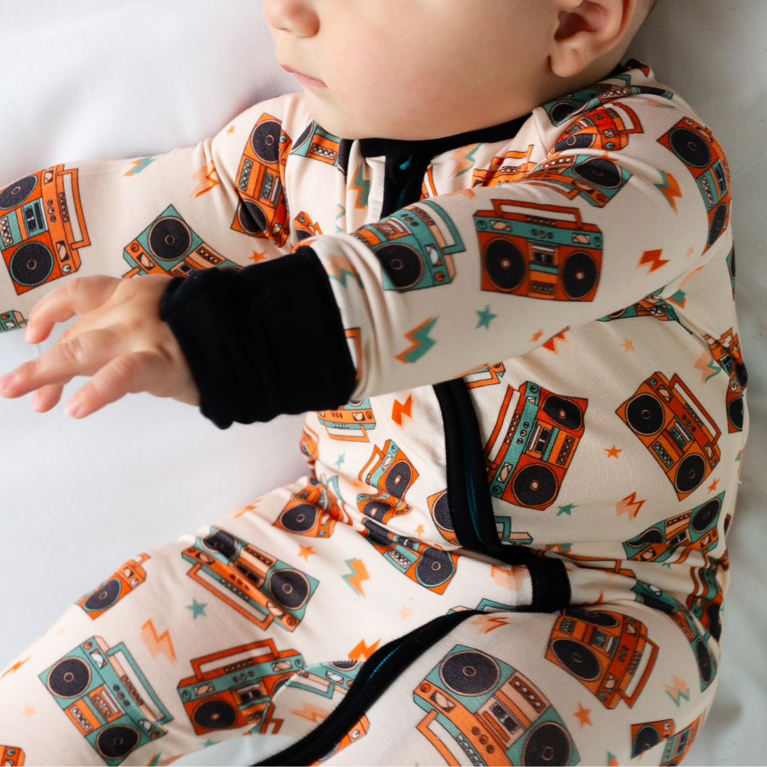 boombox zipper bamboo pajamas baby boy-close up