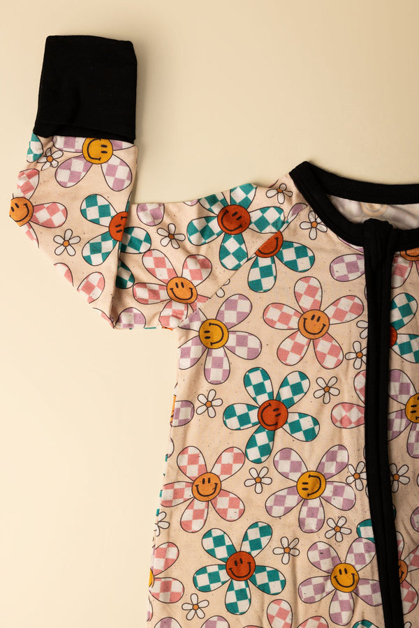 retro flower bamboo zipper pajamas-close up